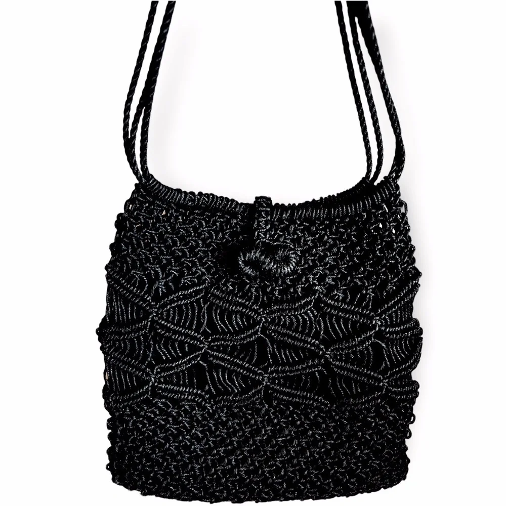 Vintage 1960's Black Thick Large Macrame Shoulder Bag Purse - Picture 5 of 5